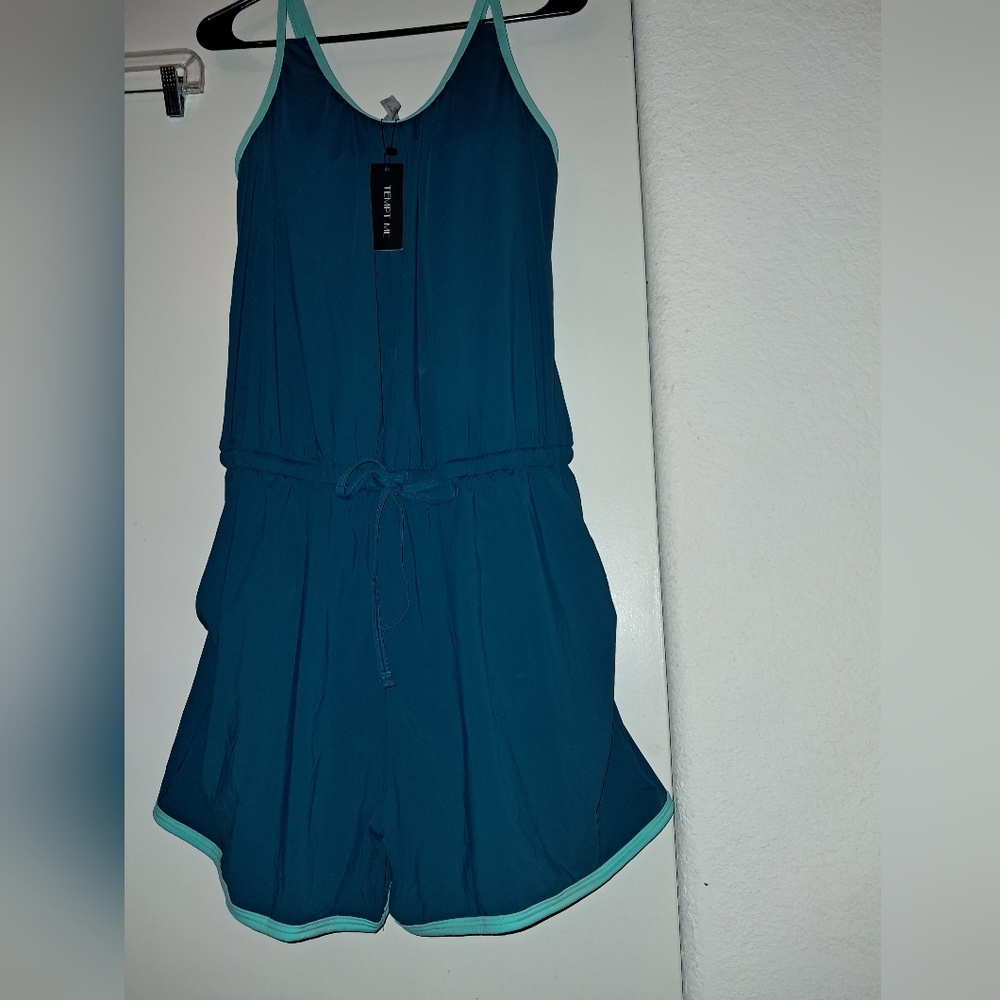 Women Teal Swim Romper with Mint Trim